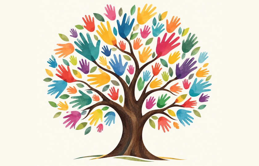 Figura stilizzata di un albero con mani colorate al posto delle foglie. Immagine generata dall'IA