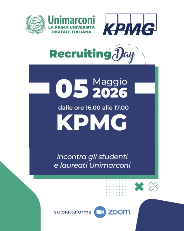 Recruiting Day con KPMG

Un’opportunità concreta di confronto con il mondo delle professioni.

📅 5 maggio 2026
🕒 16.00 – 17.00
💻 Online su Zoom

L’incontro è rivolto a studenti, laureati e iscritti ai master e rappresenta un momento di dialogo diretto con KPMG per approfondire opportunità di inserimento, percorsi di carriera e competenze richieste in contesti ad alta complessità e innovazione.

Registrazione obbligatoria
https://www.unimarconi.it/recruiting-day-con-kpmg-maggio-2026/
[LINK in BIO]

🇬🇧
Recruiting Day with KPMG

A concrete opportunity to engage with the professional world.

📅 May 5, 2026
🕒 4:00 PM – 5:00 PM
💻 Online on Zoom

The meeting is aimed at students, graduates, and master's students and offers a direct dialogue with KPMG to explore recruitment opportunities, career paths, and the skills required in highly complex and innovative environments.

Registration required

#job #lavoro #recruitingday #unimarconi #kpmg