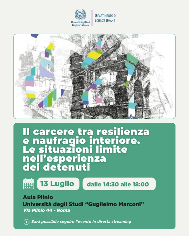 ✨📅Prossimi eventi organizzati da Unimarconi:

📅13 Lug 2026 | 14:30 - 18:00
Il carcere tra resilienza e naufragio interiore. Le situazioni limite nell’esperienza dei detenuti
📍Aula Plinio - Via Plinio, 44 Roma

📅15 Lug 2026 | 19:00 - 21:00
Urban Walk | Counter-Narrating Colonial Histories: Storytelling and Empowerment
📍Stazione Metro di Viale Libia, Quartiere Trieste, Roma

📅17 Lug 2026 | 11:00 - 13:00
Transcultural Art History and Literary Studies in Dialogue: Photography, Resistance, and Her-Stories in Maaza Mengiste’s The Shadow King and Beyond
📍Aula Plinio - UniMarconi Via Plinio, 44 Roma

📅17 Lug 2026 | 14:00 - 18:00
Immagini, linguaggi artistici, pensiero performativo nella formazione pedagogica e filosofica contemporanea
📍Aula Plinio - UniMarconi Via Plinio, 44 Roma

👉Per maggiori dettagli https://www.unimarconi.it/eventi/

🇬🇧
✨📅Unimarconi Events
Upcoming events organized by Unimarconi:

📅July 13, 2026 | 2:30 PM - 6:00 PM
Prison: Between Resilience and Inner Shipwreck. Extreme Situations in the Experience of Inmates
📍Plinio Hall - Via Plinio, 44, Rome

📅July 15, 2026 | 7:00 PM - 9:00 PM
Urban Walk | Counter-Narrating Colonial Histories: Storytelling and Empowerment
📍Viale Libia Metro Station, Trieste District, Rome

📅July 17, 2026 | 11:00 AM - 1:00 PM
Transcultural Art History and Literary Studies in Dialogue: Photography, Resistance, and Her-Stories in Maaza Mengiste’s The Shadow King and Beyond
📍Plinio Hall - UniMarconi Via Plinio, 44 ​​Rome

📅July 17, 2026 | 2:00 PM - 6:00 PM
Images, Artistic Languages, Performative Thinking in Contemporary Pedagogical and Philosophical Education
📍Plinio Hall - UniMarconi Via Plinio, 44 ​​Rome

#unimarconieventi #eventi #unimarconi